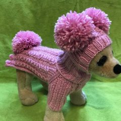 Pet Clothes Outfit Knit Pink Dress and Hat with Big Pom Poms for Small Dogs Hand Knitted