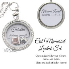 Pet Memorial Jewelry • Floating Locket Set • In Memory of a Cat • Picture Charm • Plate • Customized • Remembrance Necklace – SET455